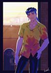  1boy blue_hair brick_wall cigarette collarbone cowboy_shot cu_chulainn_(fate) cu_chulainn_(fate/stay_night) earrings fate/hollow_ataraxia fate/stay_night fate_(series) framed hal_(haaaalhal) hand_in_pocket highres jewelry long_hair looking_to_the_side male_focus muscular muscular_male official_alternate_costume outdoors pants pectoral_cleavage pectorals ponytail red_eyes short_sleeves signature smoking solo spiky_hair 