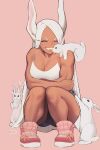  1girl animal_ears boku_no_hero_academia breasts closed_eyes commentary dark-skinned_female dark_skin english_commentary full_body grey_hair highres long_hair mirko muscular muscular_female parted_lips pink_background rabbit rabbit_ears rabbit_girl shoes shorts simple_background smile solo squatting teeth very_long_hair zukululuu 