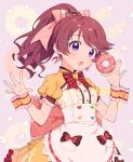  1girl :o blush bow bowtie doughnut doughnut_earrings eyebrows_visible_through_hair food heart holding holding_food idolmaster idolmaster_cinderella_girls kurochiroko looking_at_viewer patterned_background ponytail puffy_short_sleeves puffy_sleeves redhead shiina_noriko short_sleeves solo violet_eyes wavy_hair wrist_cuffs 