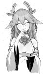  1girl absurdres animal_ears bangs blush breasts cropped_torso detached_sleeves earrings fox_ears fox_girl genshin_impact greyscale hair_between_eyes hand_to_own_mouth highres japanese_clothes jewelry long_hair medium_breasts miko monochrome moyori ribbon-trimmed_sleeves ribbon_trim smile solo symbol-only_commentary upper_body very_long_hair yae_miko 