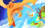  bird braviary charizard charmander claws commentary_request fangs feathers flame-tipped_tail flying green_eyes no_humans open_mouth plankton_(ganoona) pokemon pokemon_(creature) riding riding_pokemon tongue volcano water 
