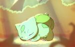  blurry bulbasaur claws closed_eyes commentary full_body light_rays lying no_humans on_stomach pokemon pokemon_(creature) sasaki_sue sleeping solo 