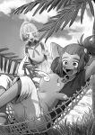  1girl alolan_raichu arms_behind_back bag black_shirt blush closed_eyes clouds collarbone dark-skinned_male dark_skin floral_print grass hair_ornament hammock hau_(pokemon) highres lillie_(pokemon) lying monochrome open_mouth pokemon pokemon_(creature) pokemon_(game) pokemon_sm ponytail sand sarami_(sa_rami30) shirt sky smile tree 