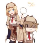  2girls bangs black_legwear blonde_hair blue_eyes breasts brown_capelet brown_coat brown_headwear brown_skirt capelet character_name chibi closed_mouth coat collared_shirt contrapposto deerstalker detective eyebrows_visible_through_hair gun hair_between_eyes hair_ornament hand_on_hip handgun hat high-waist_skirt highres holding holding_gun holding_magnifying_glass holding_weapon hololive hololive_english large_breasts long_sleeves looking_at_viewer magnifying_glass medium_hair monocle_hair_ornament multiple_girls necktie open_clothes open_coat open_mouth pistol plaid plaid_skirt red_necktie shirt simple_background skirt smile smol_ame stethoscope tesin_(7aehyun) thigh-highs watch watson_amelia weapon white_background white_shirt zettai_ryouiki 