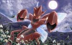  blurry clouds commentary_request crudefish fighting_stance flower leaf leaves_in_wind legs_apart looking_at_viewer moon night no_humans outdoors pokemon pokemon_(creature) scizor sky solo standing white_flower yellow_eyes 