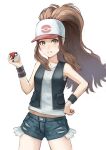  1girl alkham baseball_cap black_vest blue_shorts brown_hair hand_on_hip hat highres hilda_(pokemon) holding holding_poke_ball looking_at_viewer parted_lips poke_ball poke_ball_(basic) pokemon pokemon_(game) pokemon_bw ponytail shirt short_shorts shorts sidelocks sleeveless sleeveless_shirt smile solo vest violet_eyes white_headwear white_shirt wristband 