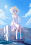  1girl absurdres barefoot breasts clouds collarbone dress gy1966 hat highres looking_at_viewer medium_breasts original outdoors sitting sky solo straw_hat sun_hat sundress white_hair 