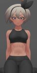  1girl abs arm_support arms_behind_back bangs bare_arms bea_(pokemon) black_hairband black_legwear black_sports_bra blush bow_hairband breasts closed_mouth commentary_request eyelashes grey_background grey_eyes hair_between_eyes hairband leggings looking_at_viewer muscular muscular_female navel pokemon pokemon_(game) pokemon_swsh putcher simple_background sitting solo sports_bra watermark web_address 