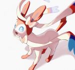  :d blue_eyes blurry bright_pupils commentary_request fangs highres horezai no_humans open_mouth pokemon pokemon_(creature) smile solo standing sylveon tongue white_background white_pupils 