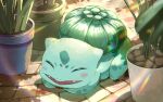  blush bulbasaur closed_eyes commentary_request day fangs flower_pot highres lying on_stomach open_mouth outdoors plant pokemon shadow smile stone_floor torokko 