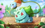  bright_pupils bulbasaur claws closed_mouth clouds commentary_request day falling_petals flower looking_down lying on_stomach outdoors persian petals plant pokemon pokemon_(creature) red_eyes skarameru sky smile sprout squirtle themed_object vines watering_can white_pupils 
