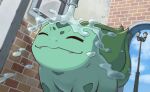  brick_wall bulbasaur closed_eyes closed_mouth clouds commentary_request day fangs fangs_out faucet lamppost no_humans outdoors pokemon pokemon_(creature) popo_629 sky smile solo water 