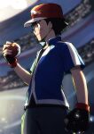  1boy absurdres ash_ketchum bangs black_gloves black_hair black_pants black_shirt blue_jacket blurry brown_eyes closed_mouth commentary_request depth_of_field fingerless_gloves from_side gloves hand_up hat highres holding holding_poke_ball jacket male_focus pants poke_ball poke_ball_(basic) pokemon pokemon_(anime) pokemon_xy_(anime) red_headwear shirt short_hair short_sleeves smile solo stadium yoi_(207342) 