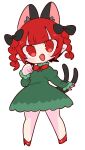  1girl :d animal_ears black_bow blush bow braid cat_ears cat_tail chibi dress extra_ears fang green_dress hair_bow highres juliet_sleeves kaenbyou_rin long_sleeves multiple_tails nekomata op_na_yarou open_mouth puffy_sleeves red_eyes redhead smile solo tail touhou twin_braids 