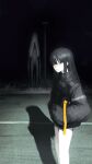 1girl 1other absurdres black_hair cr_iws_t_72 dark expressionless from_side grass hand_in_pocket highres jacket lamppost long_hair looking_at_viewer monster night original road shadow yellow_eyes 