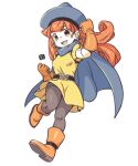  1girl :d bangs blue_cape blue_headwear blush_stickers boots breasts brown_legwear cape clenched_hands commentary_request copyright_request dress earrings elbow_gloves eyebrows_visible_through_hair full_body gloves hat jewelry long_hair mawaru_(mawaru) orange_footwear orange_gloves orange_hair pantyhose red_eyes simple_background small_breasts smile solo very_long_hair white_background yellow_dress 