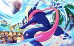  accelgor audience blurry child clouds commentary_request confetti day froakie greninja legs_apart oooise outdoors pokemon pokemon_(creature) psyduck sky squatting stage standing 