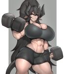  1girl abs absurdres bike_shorts black_gloves black_hair black_horns black_tail breasts cassandra_asmolith_(cass_sakyubasu) commission curvy demon_girl demon_horns demon_tail dumbbell english_commentary eyebrows fingerless_gloves gloves highres horns huge_breasts impossible_clothes large_breasts long_hair muscular navel original pointy_ears ponytail red_eyes roadi3 short_shorts shorts simple_background skin_tight smile solo sports_bra sportswear strong tail thick_thighs thighs tight toned very_long_hair weightlifting wide_hips 
