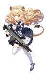  animal_ears bangs bell blonde_hair blue_footwear blue_jacket bow dress earrings finger_on_trigger frilled_dress frills grey_eyes gun hair_intakes hair_ribbon hairband highres holding holding_gun holding_weapon jacket jewelry jingle_bell lion_ears lion_girl lion_tail long_hair looking_at_viewer noripro okanoyuno open_mouth pom_pom_(clothes) regrush_lionheart ribbon smile tail tail_bell tail_ornament tail_ribbon thigh-highs v-shaped_eyebrows virtual_youtuber wavy_hair weapon white_dress white_legwear 
