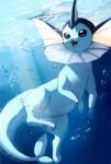  :3 animal_focus blue_background blue_eyes blue_theme bubble caustics commentary_request day full_body happy highres horezai light_rays no_humans open_mouth pawpads pokemon pokemon_(creature) smile solo swimming underwater vaporeon 