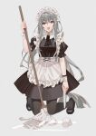  1girl alternate_costume apron arknights ascot bangs black_ascot black_dress black_footwear black_legwear bracelet breasts commentary_request cup dress enmaided eyebrows_visible_through_hair frilled_shirt_collar frills full_body grey_background highres holding holding_mop jewelry kernel_killer kneeling long_hair maid maid_headdress medium_breasts mop open_mouth pantyhose puffy_short_sleeves puffy_sleeves red_eyes shoes short_sleeves silver_hair simple_background skadi_(arknights) solo spill very_long_hair white_apron wrist_cuffs 