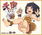  2girls :&lt; animal_ear_fluff animal_ears animal_print bangs bare_legs bare_shoulders barefoot black_hair blush bracelet breasts brown_swimsuit collarbone colored_skin commentary_request dated ehoumaki eyebrows_visible_through_hair fake_horns fang food horns jewelry kukuri_(mawaru) makizushi mawaru_(mawaru) medium_breasts multiple_girls oni_horns open_mouth original print_swimsuit single_horn small_breasts spiked_bracelet spikes sushi swimsuit tiger_print translation_request triangle_mouth violet_eyes white_skin 