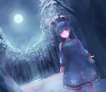  1girl animal_ears arms_at_sides ba9ked blue_dress blue_hair blush bright_pupils closed_mouth commentary dress feet_out_of_frame forest frilled_sleeves frills full_moon highres long_hair long_sleeves looking_at_viewer moon mountain nature night outdoors rabbit_ears red_eyes seiran_(touhou) smile standing touhou white_pupils 