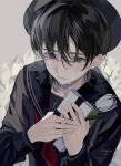  1boy bangs black_hair box dress flower gift gift_box grey_background hair_between_eyes hat highres holding holding_box holding_gift lily_(flower) long_sleeves male_focus original ponn_mame sailor_dress simple_background solo tears violet_eyes 