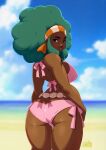  1girl afro artist_name ass bangs bare_shoulders beach bikini blue_sky breasts clouds cloudy_sky commentary dark-skinned_female dark_skin day from_behind green_eyes green_hair hairband highres large_breasts lenora_(pokemon) lips long_hair looking_at_viewer looking_back ocean outdoors parted_lips pink_bikini pokemon pokemon_(game) pokemon_bw shiny shiny_skin sidelocks signature simple_background sky solo striped swimsuit thighs tovio_rogers vertical_stripes water 
