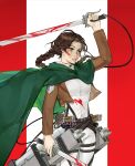  1girl arm_up artist_name belt blood blood_on_clothes blood_on_face blood_on_weapon braid breasts brown_hair brown_jacket buttons cape collared_shirt commission emblem fingernails green_cape green_eyes highres holding holding_sword holding_weapon jacket long_sleeves looking_away original pants paradis_military_uniform parted_lips shingeki_no_kyojin shirt simple_background single_braid solo standing sword thigh_strap three-dimensional_maneuver_gear upper_body weapon white_pants white_shirt yujurro 
