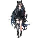  &gt;:( 1girl animal_ears arknights asymmetrical_footwear bangs belt black_footwear black_hair black_jacket black_shirt black_shorts boots cat_ears cat_tail dagda_(arknights) full_body hair_between_eyes infukun jacket long_hair long_sleeves looking_at_viewer shirt short_shorts shorts solo standing tail thigh_strap transparent_background v-shaped_eyebrows very_long_hair yellow_eyes 