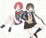  2girls :o absurdres ass bangs black_footwear black_hairband black_jacket black_skirt blue_necktie blue_skirt brown_hair cardigan chabashira_tenko character_name collared_shirt danganronpa_(series) danganronpa_v3:_killing_harmony eyebrows_visible_through_hair green_cardigan hair_ornament hairband highres jacket kneehighs locked_arms long_hair looking_at_viewer miniskirt mole mole_under_mouth multiple_girls necktie official_alternate_costume open_clothes open_jacket plaid plaid_skirt pleated_skirt polka_dot polka_dot_background raimone_(nekokirinv3) redhead sailor_collar shiny shiny_hair shirt shoes short_hair sideways_glance skirt striped_necktie white_background white_legwear white_sailor_collar white_shirt yumeno_himiko 