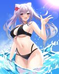  1girl absurdres bikini black_bikini blush braid breasts commentary_request eyebrows_visible_through_hair flower genshin_impact hair_cones hair_flower hair_ornament hand_up hibiscus highres keqing_(genshin_impact) large_breasts ocean open_mouth purple_hair smile solo soukoku sunlight swimsuit teeth twintails upper_teeth violet_eyes 
