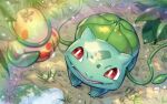  berry_(pokemon) blurry bright_pupils bulbasaur claws commentary_request leaf light_rays looking_up no_humans open_mouth plant pokemon pokemon_(creature) poshii_(posy) puddle red_eyes ripples smile solo vines water water_drop white_pupils 