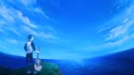  1boy blue_hair blue_sleeves cliff clouds commentary facing_away full_body grass guitar holding instrument legs_apart long_sleeves looking_afar male_focus ocean original outdoors sabaumako scenery sky sky_focus solo standing 