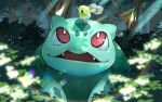  blurry bright_pupils bulbasaur commentary_request cutiefly day fangs forest highres light_rays nature no_humans on_head open_mouth outdoors pokemon pokemon_(creature) pokemon_on_head red_eyes smile torokko tree white_pupils 