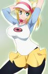  1girl animal_ears black_legwear blonde_hair breasts character_request closed_mouth cosplay highres long_hair looking_at_viewer oimanji pantyhose pokemon pokemon_(game) pokemon_bw2 rosa_(pokemon) simple_background smile solo visor_cap 