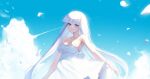  1girl absurdres bare_shoulders blue_eyes blush breasts clouds collarbone dress gy1966 highres hime_cut long_hair looking_at_viewer original outdoors petals solo symbol-only_commentary very_long_hair white_hair 