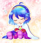  1girl ahoge blue_hair blush boots cloak closed_eyes dress eyebrows_visible_through_hair full_body hair_between_eyes hairband highres long_sleeves multicolored_clothes multicolored_dress multicolored_hairband open_mouth patchwork_clothes pote_(ptkan) purple_footwear rainbow_gradient short_hair sleeping solo tenkyuu_chimata touhou white_cloak 