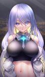  1girl bangs bare_shoulders blonde_hair breasts brooch colored_inner_hair crop_top hair_between_eyes highres hololive hololive_indonesia jewelry large_breasts long_bangs long_hair looking_at_viewer moona_hoshinova multicolored_hair navel open_clothes open_mouth open_shirt purple_hair rryiup shirt solo stomach swept_bangs tsurime two-tone_hair upper_body violet_eyes virtual_youtuber white_shirt 