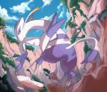  blurry closed_mouth clouds commentary_request day from_below frown highres horezai mienshao no_humans outdoors pokemon pokemon_(creature) red_eyes rock sky solo 
