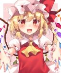  1girl arms_up ascot bangs blonde_hair blush border collared_shirt commentary_request crystal dress eyebrows_visible_through_hair eyes_visible_through_hair fang flandre_scarlet hair_between_eyes hands_up hat hat_ribbon heart jewelry looking_at_viewer mob_cap multicolored_wings one_side_up open_mouth pink_background puffy_short_sleeves puffy_sleeves red_dress red_eyes red_ribbon ribbon shirt short_hair short_sleeves smile solo tongue touhou unya_(coco121955) white_border white_headwear white_shirt wings wrist_cuffs yellow_ascot 