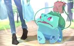  1other bag blurry bright_pupils brown_footwear bulbasaur claws commentary_request day denim fangs grass highres holding jeans looking_up open_mouth outdoors pants paper_bag path plant pokemon shoes shopping_bag spring_onion torokko tree vines violet_eyes 