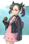  1girl alkham backpack bag bangs black_jacket blue_eyes breasts clenched_hand dress expressionless hair_behind_ear highres holding holding_poke_ball jacket leather leather_jacket marnie_(pokemon) medium_breasts pink_dress poke_ball pokemon pokemon_(game) pokemon_swsh solo twintails 