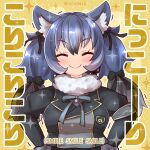  1girl animal_costume animal_ear_fluff animal_ears coroha dire_wolf_(kemono_friends) gloves kemono_friends kemono_friends_v_project long_hair looking_at_viewer microphone necktie shirt simple_background skirt smile solo tail virtual_youtuber wolf_costume wolf_ears wolf_girl wolf_tail 