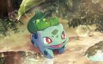  :d bright_pupils bulbasaur commentary_request day fangs grass lens_flare looking_up no_humans open_mouth outdoors pokemon pokemon_(creature) red_eyes smile solo tongue tree white_pupils yoi_(207342) 