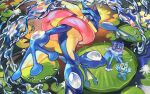  bright_pupils commentary_request evolutionary_line froakie frogadier greninja lily_pad looking_up no_humans open_mouth pink_eyes pokemon pokemon_(creature) ripples smile sparkle tapioka_chaso tongue water water_drop white_pupils 
