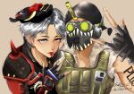  2boys \m/ apex_legends bangs black_gloves black_headwear brown_background copyright_name dual_persona earrings el_tigre_octane fingerless_gloves gloves green_vest grey_eyes grey_hair highres jewelry looking_at_viewer male_focus mask mask_on_head mouth_mask multiple_boys octane_(apex_legends) official_alternate_costume parted_bangs shoulder_spikes spikes tongue tongue_out vene_(vene_chan07) vest 