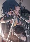  1girl armor armored_dress black_cloak black_dress black_legwear blood blood_on_face blood_on_weapon blue_eyes blue_hair breasts byleth_(fire_emblem) byleth_eisner_(female) cloak closed_mouth commentary dress expressionless eyebrows_visible_through_hair feet_out_of_frame fire_emblem fire_emblem:_three_houses hair_between_eyes holding holding_sword holding_weapon l0gman large_breasts light long_hair looking_down pantyhose solo_focus stab sword vambraces weapon 