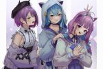  3girls :d absurdres ahoge animal_ear_fluff animal_ears animal_hood beret black_headwear black_skirt blue_choker blue_eyes blue_hair blue_hairband blue_nails blue_sailor_collar blue_skirt blush cardigan cat_ears choker closed_mouth collared_shirt eredhen extra_ears fake_horns fang frilled_sailor_collar frills green_eyes grey_cardigan hair_between_eyes hairband hand_on_another&#039;s_shoulder hat high-waist_skirt highres hololive hood hood_up hooded_jacket horned_headwear horns hoshimachi_suisei jacket minato_aqua multicolored_hair multiple_girls nail_polish off_shoulder open_cardigan open_clothes open_jacket open_mouth own_hands_together pink_eyes pink_hair purple_hair ribbon_choker sailor_collar shirt skirt sleeveless sleeveless_shirt smile suspender_skirt suspenders tokoyami_towa two-tone_hair virtual_youtuber white_jacket white_shirt 